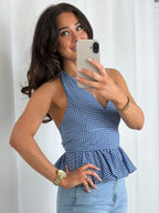 Blue Checkered Halter Neck Peplum Backless Top With Belt