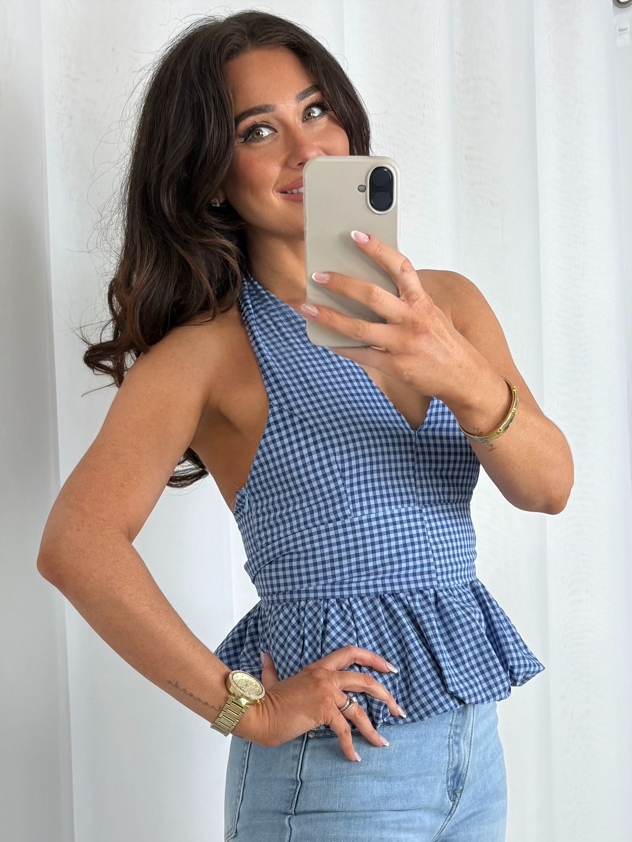 Blue Checkered Halter Neck Peplum Backless Top With Belt