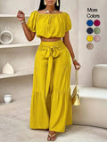 Summer Beach Vacation Bow Shoulderless Round Neck Shirt Wide Leg Pants Set, Casual Loose-Fitting, Women's Fashion, Womenswear