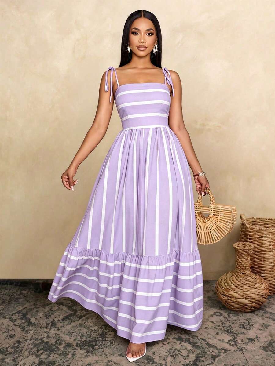Women's Blue And White Stripe Flowing Maxi Dress,Summer Elegant Holiday Tea Party Holiday,Shoulder Straps Chest Gathering,Beach Casual Gown