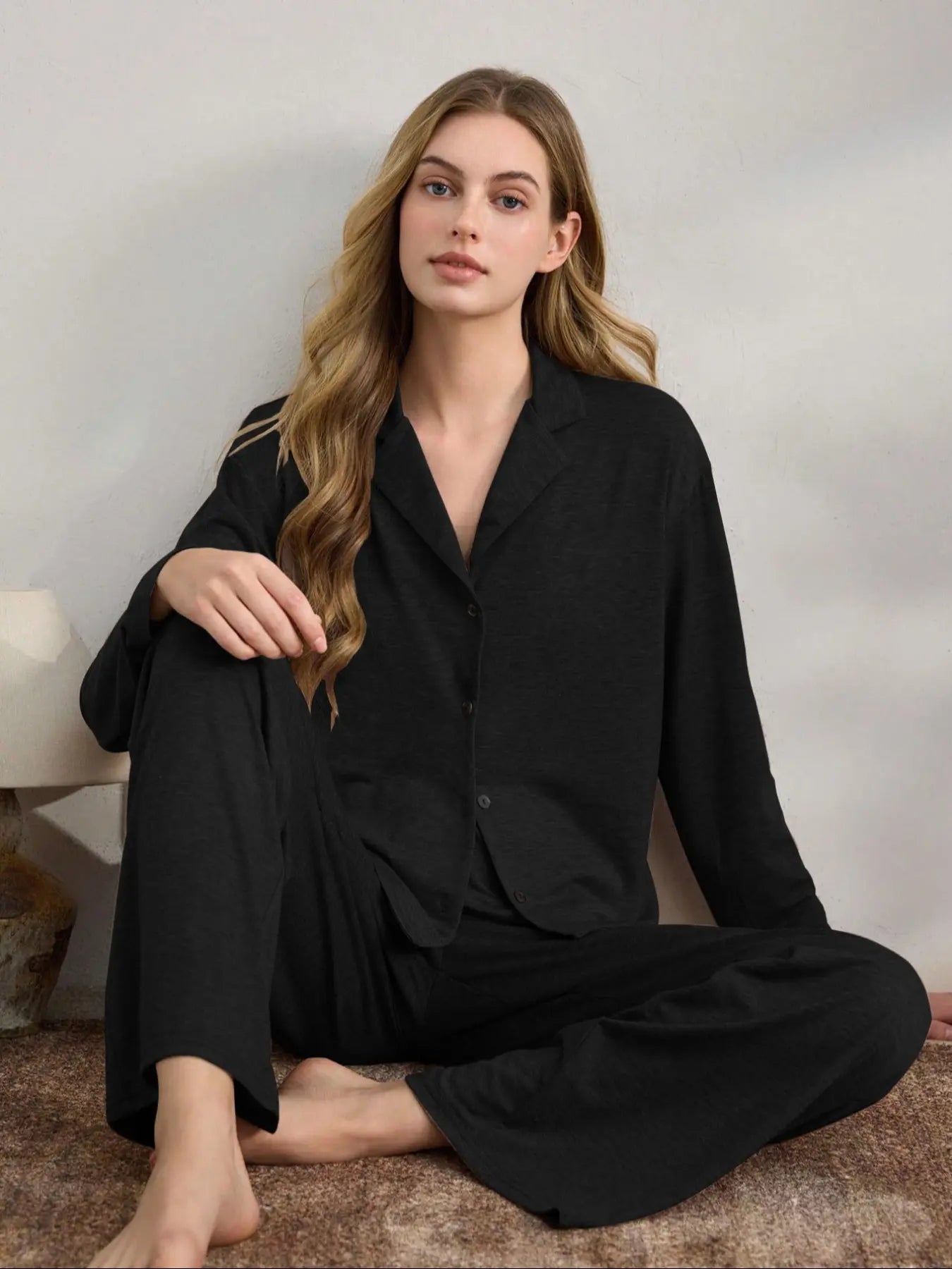 Women's Casual Fall Winter Pajama Set, Soft Skin-Friendly Fabric, Long Sleeve Collared Lapel Design, Indoor Outdoor Wear, Two-Piece Sleepwear, Loungewear, Pjs, Homewear, Loungewear Pajamas Set