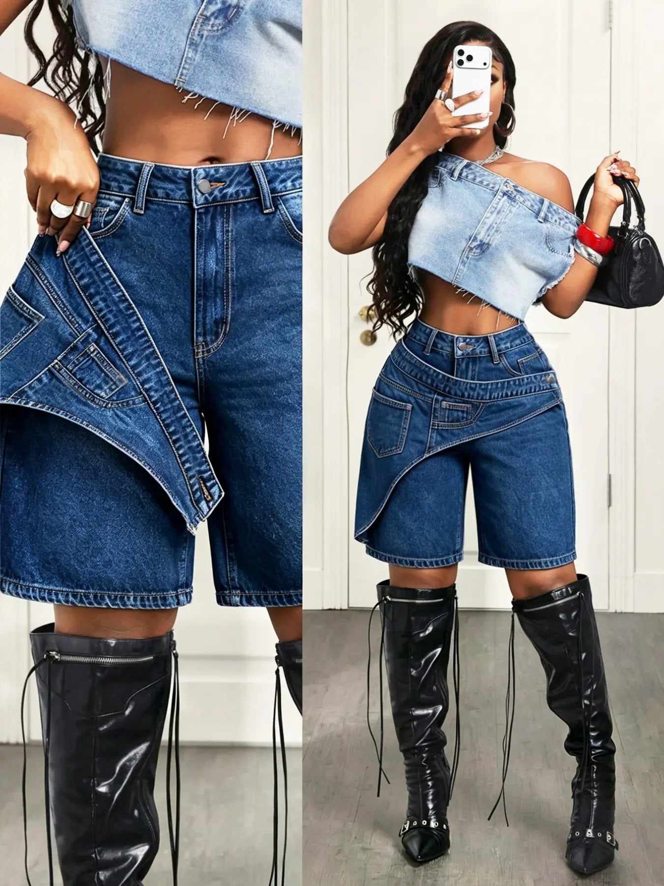 Women's Casual Denim Shorts, Cross-Waist Design, Loose-Fit, Solid Pattern, Trendy Summer Fashion, Perfect for Parties and Daily Wear