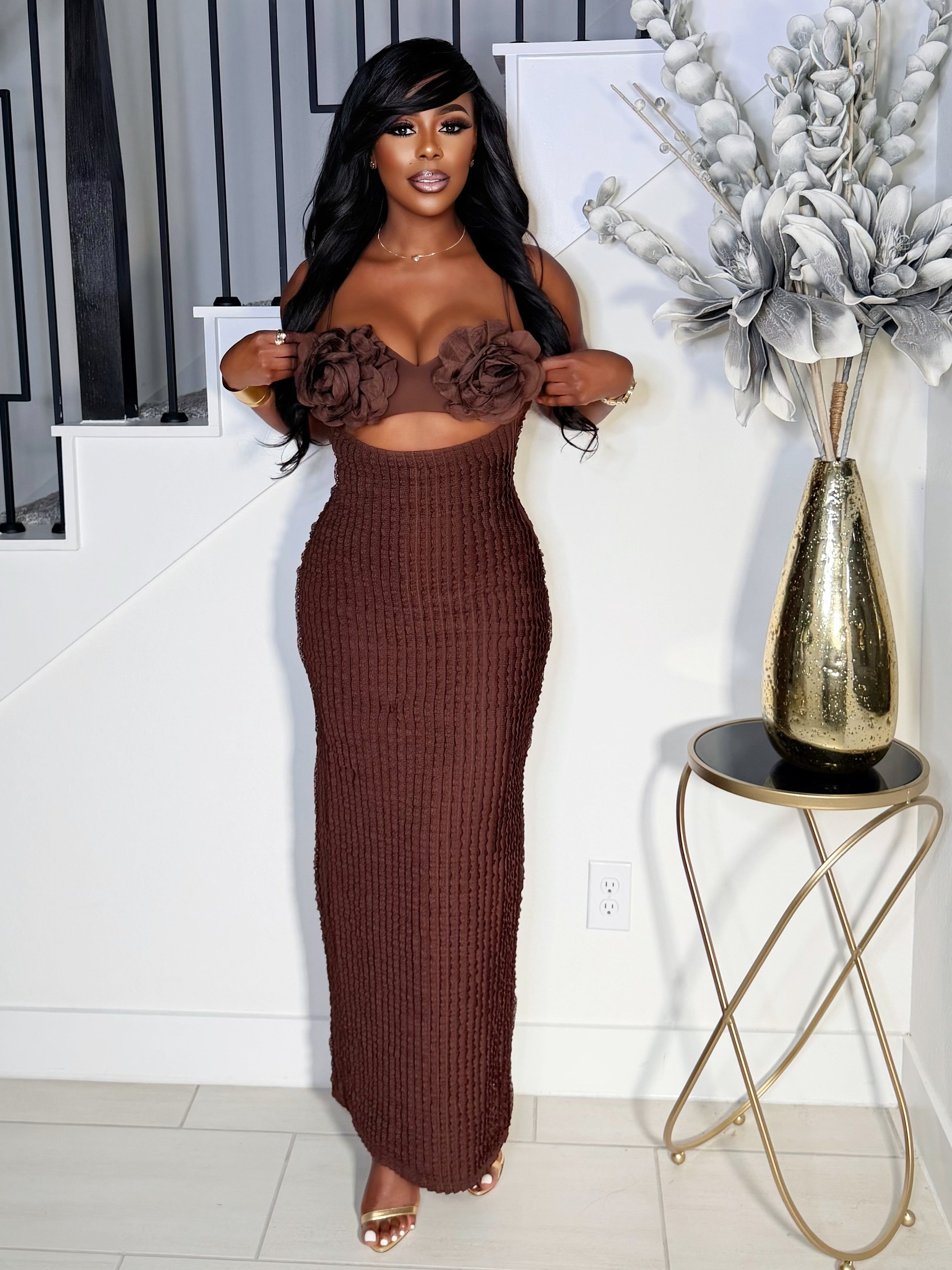 MOCHA BLOOM SCULPTED DRESS