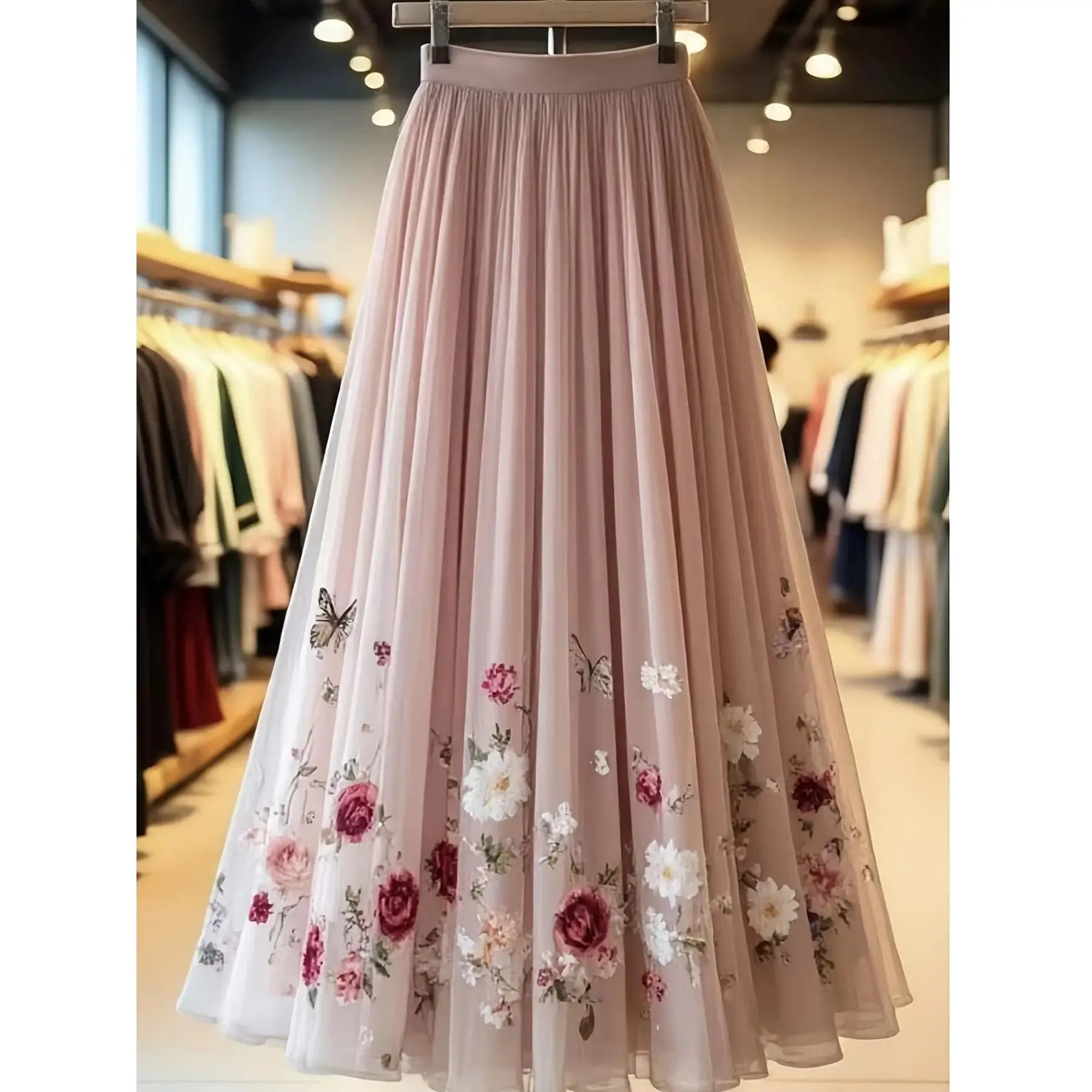 Elegant Floral Pattern Mesh Long Fitted Skirt, Women's Fashion Clothing, Perfect for Parties & Special Occasions