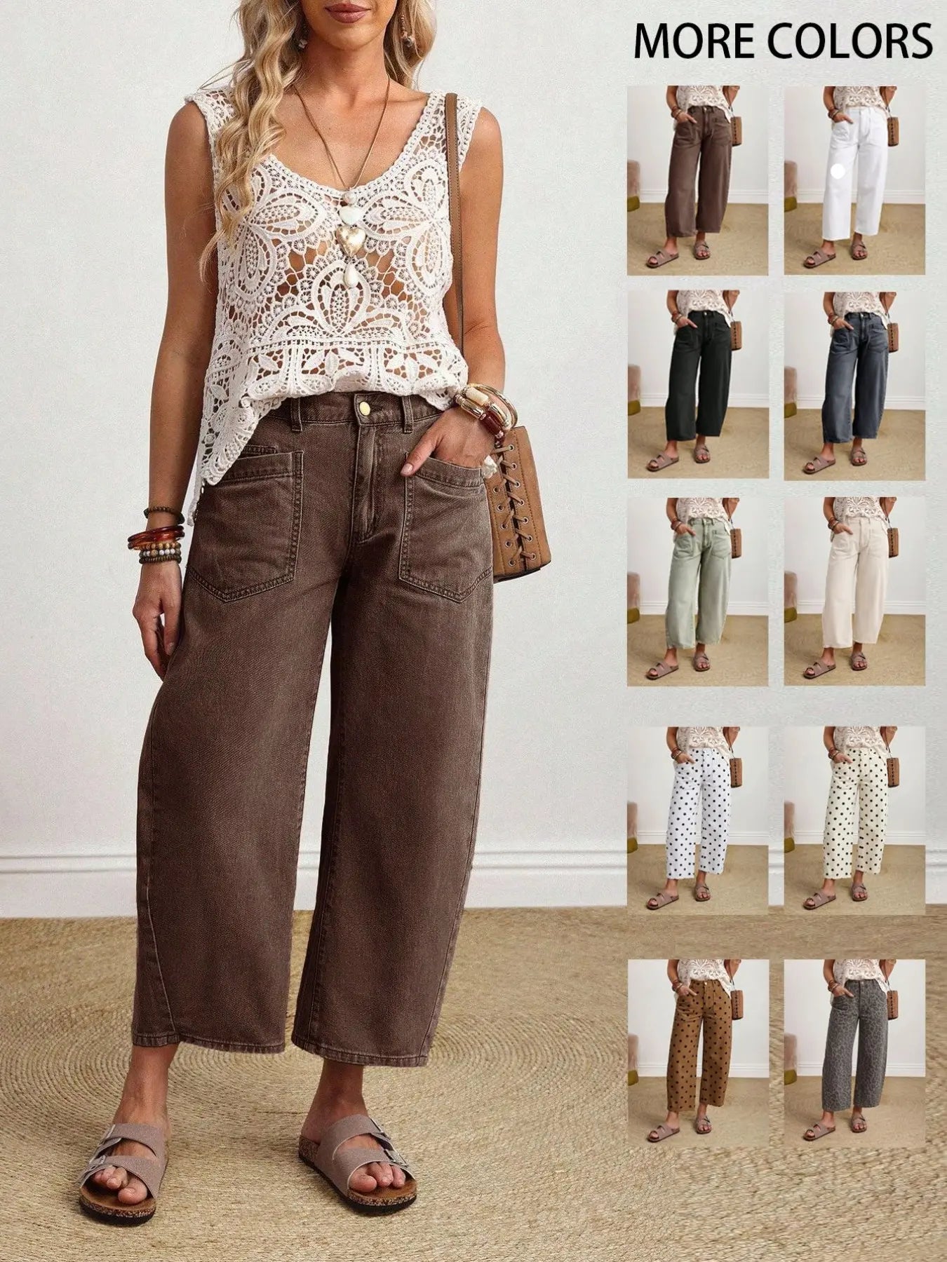Coffee Color Patch Pocket Lantern Jeans, Casual Comfy Jeans, High Waist Loose Fit Retro Vacation Style Casual Pants