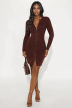Zakia Zip Front Sweater Mini Dress - Brown