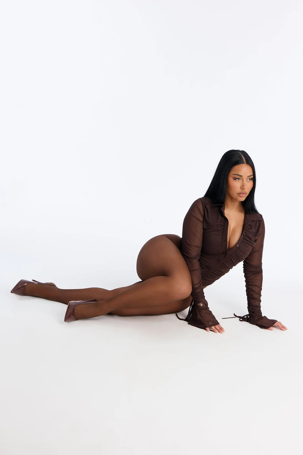 Subliminal Ruched Button Up Mesh Bodysuit - Black