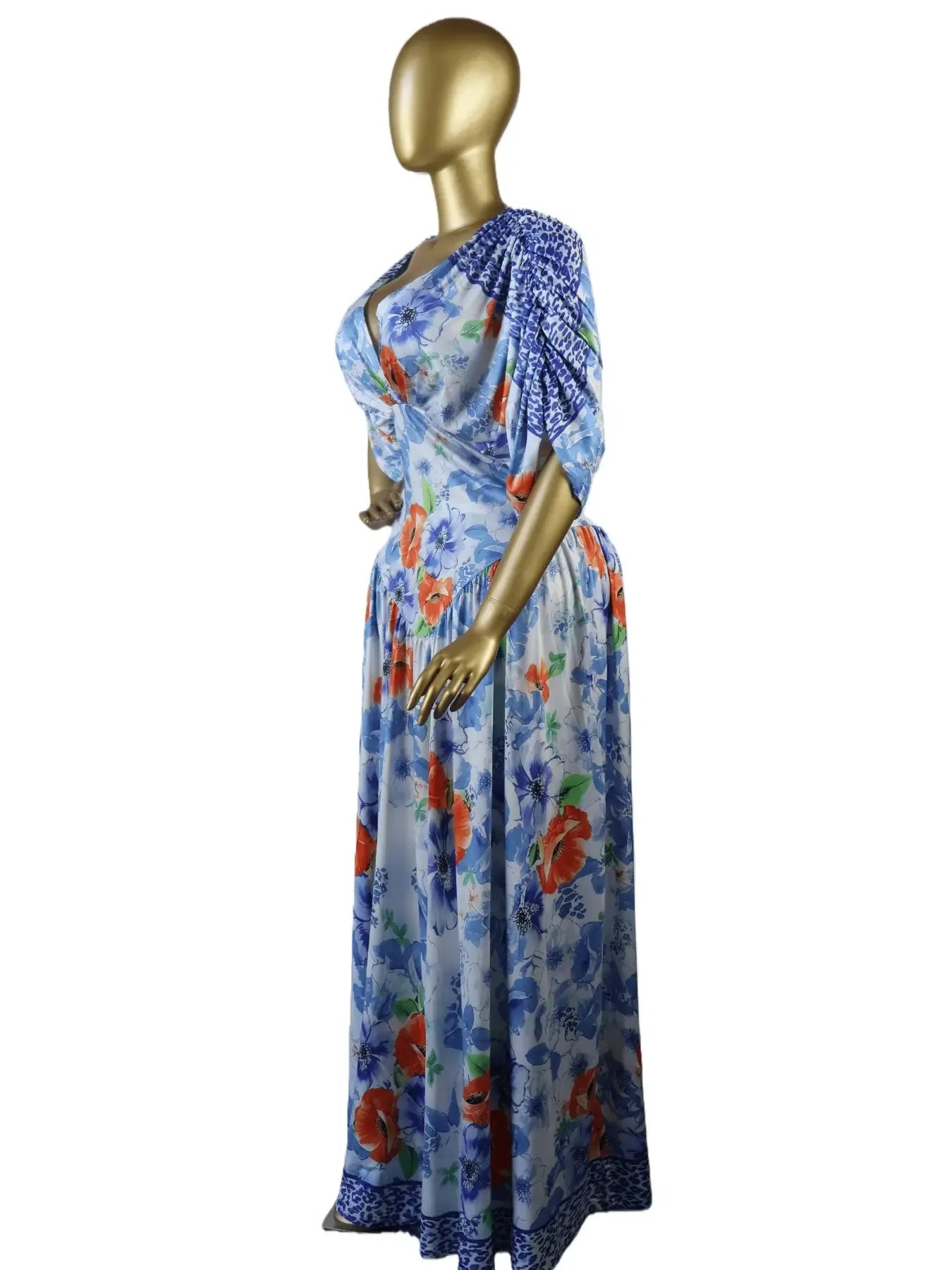 Women's Lady Tie-Dye Print V-Neck Batwing Short Sleeve Maxi Dress, Womenswear Autumn Birthday Party Vacation Gown, Sexy Evening Dress, Elegant Dress, Pleated A-line Trendy Floor Length Dresses, Streetwear Beach Clothing