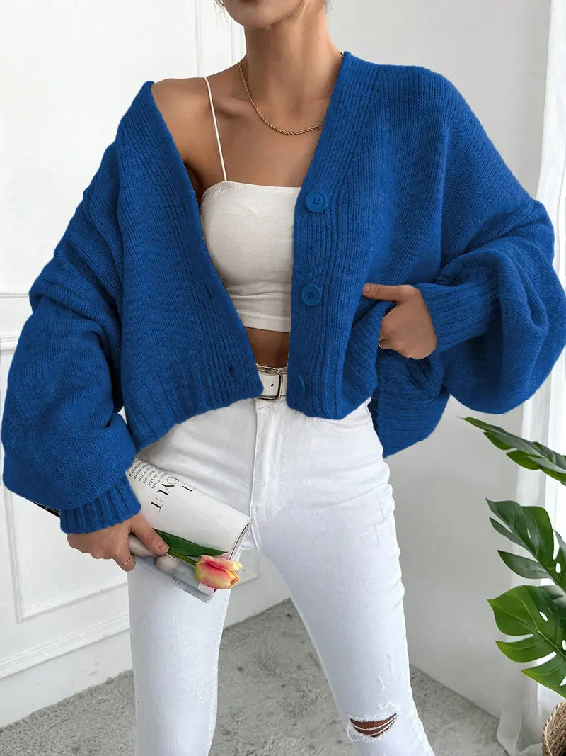 Women's V Neck Lantern Sleeve Sweater, Casual Baggy Loose-Fit Knitted Cardigan, Fall & Winter Fashion, Plain Color, One Button Design, Knitwear, Long Sleeve Tops