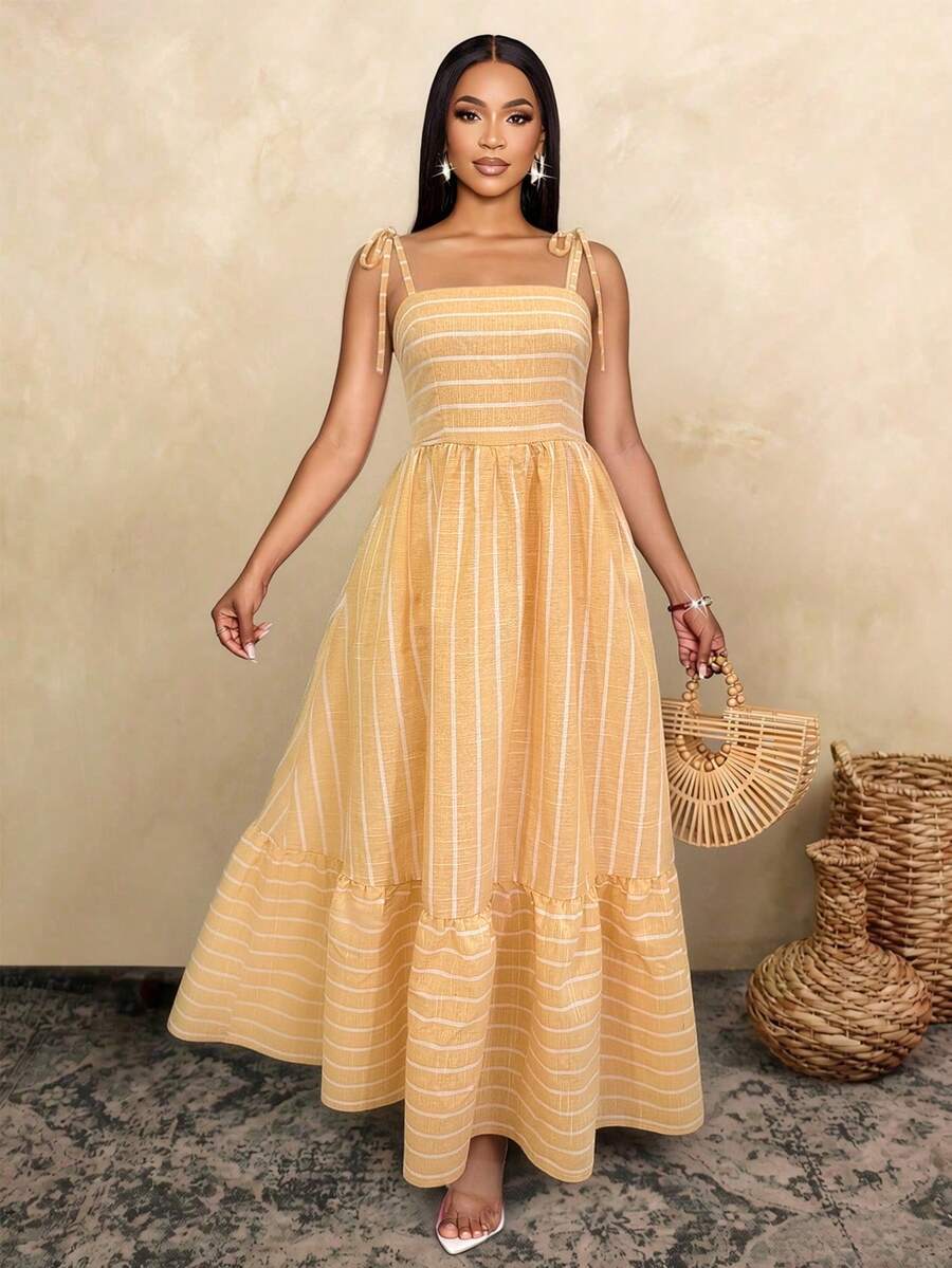 Women's Blue And White Stripe Flowing Maxi Dress,Summer Elegant Holiday Tea Party Holiday,Shoulder Straps Chest Gathering,Beach Casual Gown