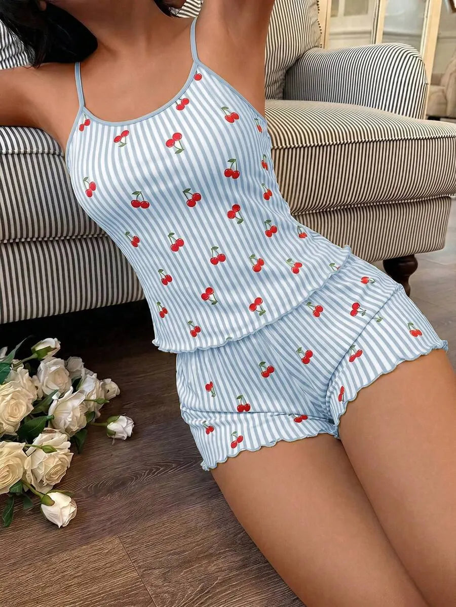 Softscene Women's Striped Cherry Print Camisole & Shorts Pajama Set