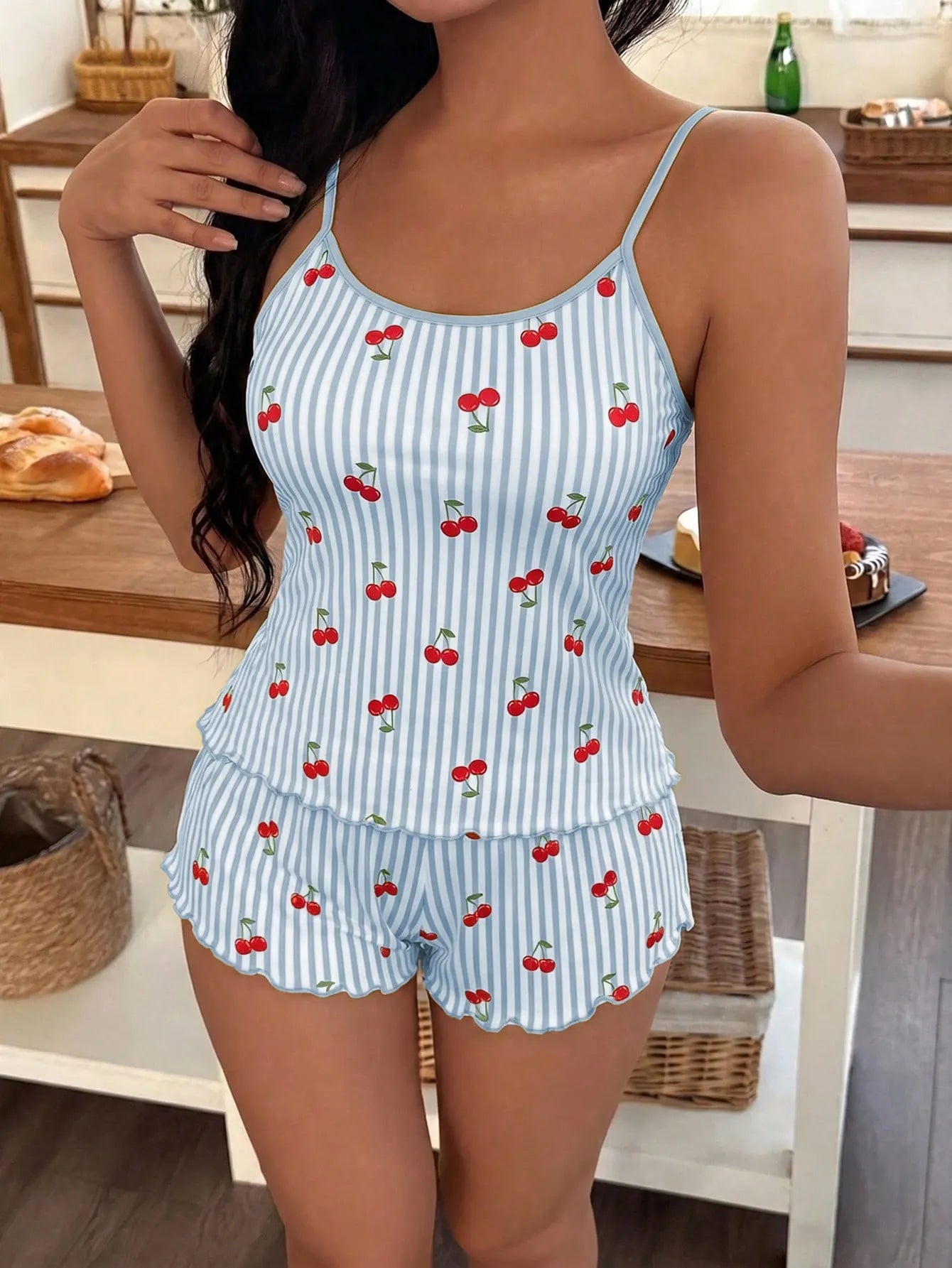 Softscene Women's Striped Cherry Print Camisole & Shorts Pajama Set
