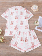 Women's Bear Print Knit Short Sleeve Top & Elastic Waist Shorts Pajama Set