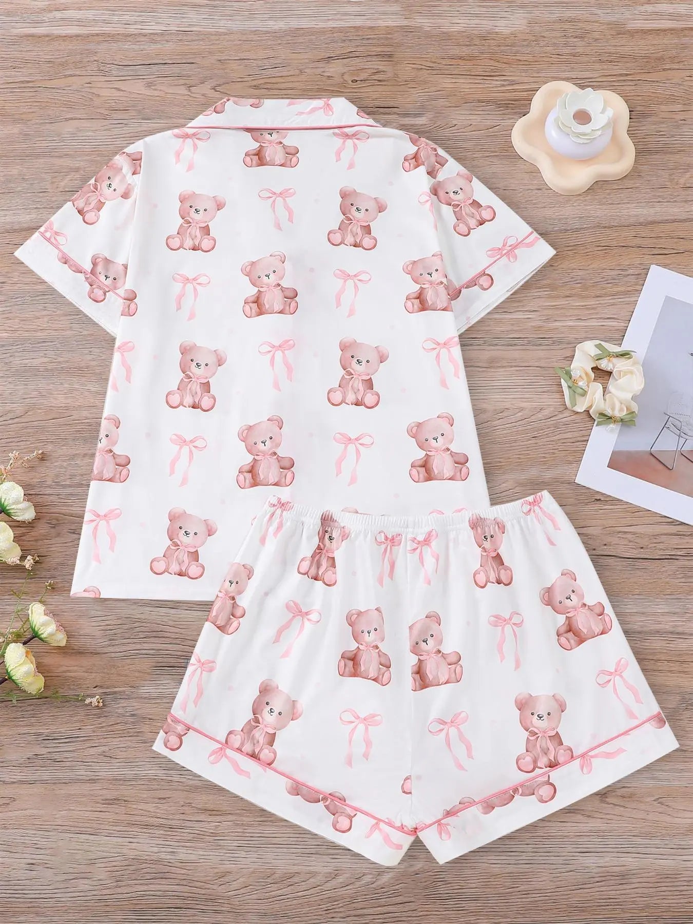 Women's Bear Print Knit Short Sleeve Top & Elastic Waist Shorts Pajama Set