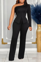 Beads Single Long Sleeve A-Line Top Straight Leg Pants Matching Set-Black