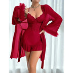 RRJ 2pcs/Set Fishbone Waistline Design Lace Cami Nightgown And Wide Sleeve Floral Lace Trim Mesh Robe lingerie women