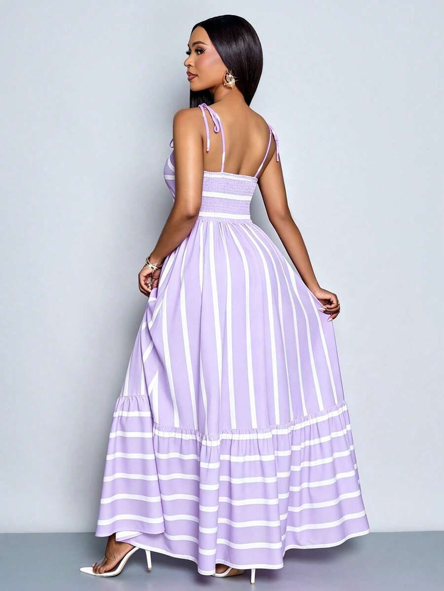 Women's Blue And White Stripe Flowing Maxi Dress,Summer Elegant Holiday Tea Party Holiday,Shoulder Straps Chest Gathering,Beach Casual Gown