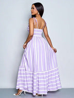 Women's Blue And White Stripe Flowing Maxi Dress,Summer Elegant Holiday Tea Party Holiday,Shoulder Straps Chest Gathering,Beach Casual Gown