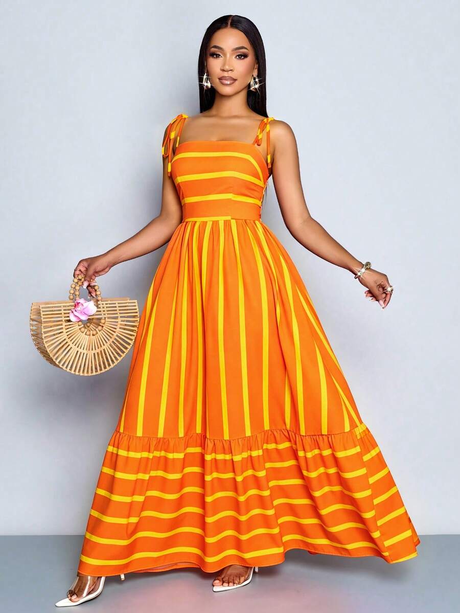 Women's Blue And White Stripe Flowing Maxi Dress,Summer Elegant Holiday Tea Party Holiday,Shoulder Straps Chest Gathering,Beach Casual Gown