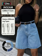 Summer Elastic Waist Casual Daily Commute Streetwear Solid Color Denim Fabric Shorts Five-Quarter Pants, Comfortable and Stylish Jeans for Women