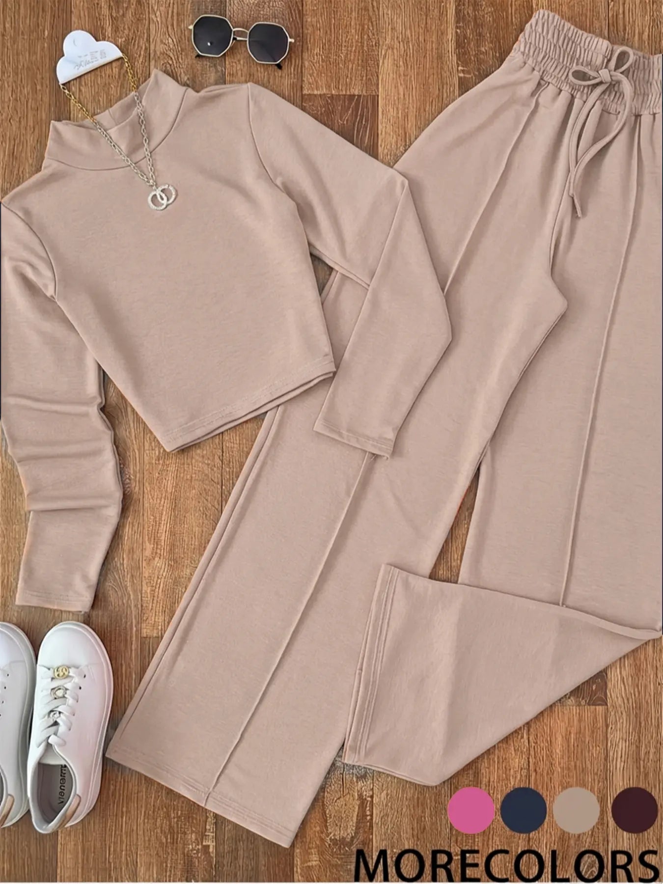 Women's Spring & Fall Fashion Two-Piece Set, Womenswear Long Sleeve Woven Plain Pattern Slim Fit Casual Basic, Perfect for Daily Wear