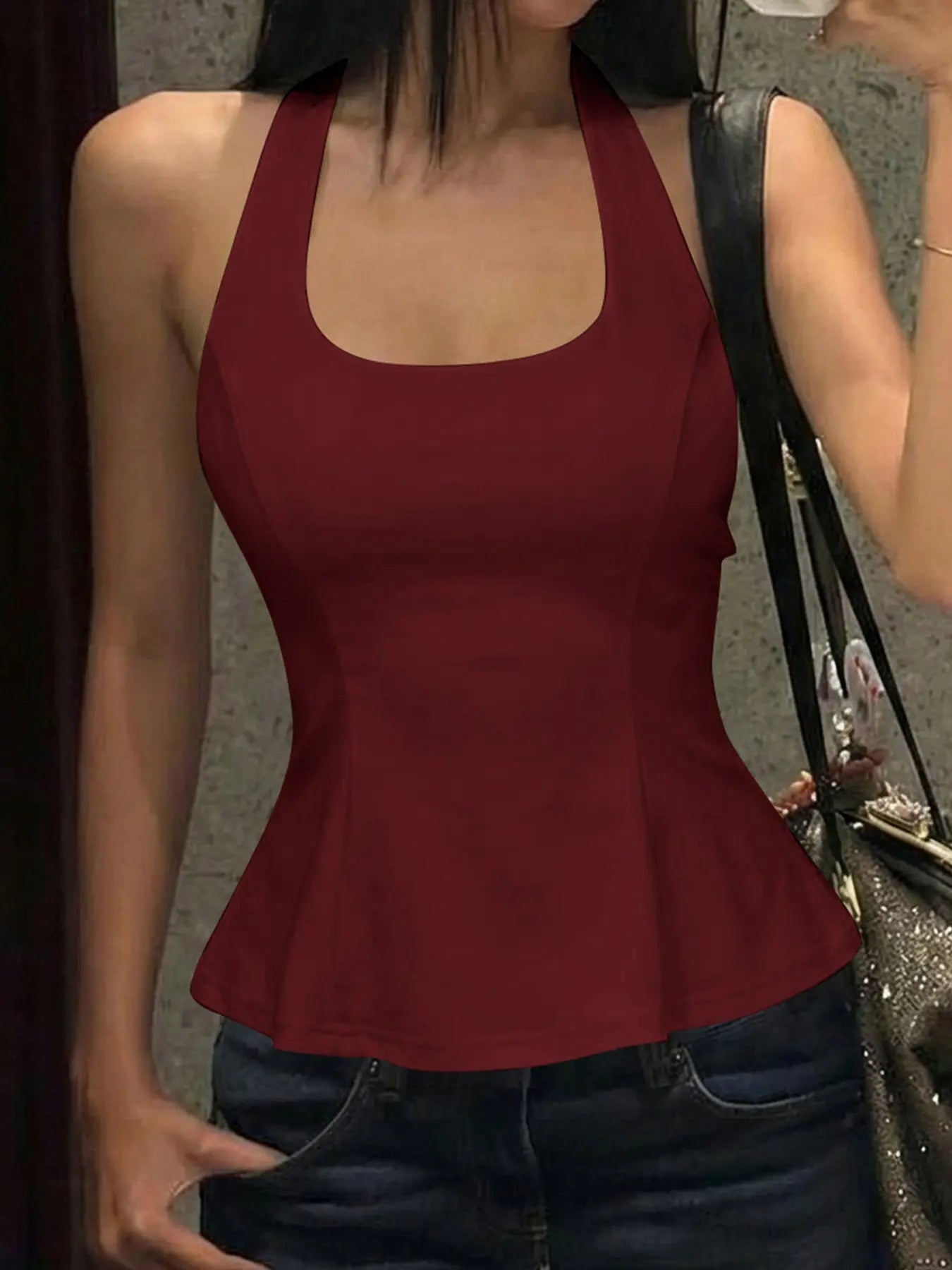 Women's Solid Color Ruffled Hem Tie-back Halter Tank Top, U Neck Tie-neck Lace-up Sleeveless Backless Plain Fit & Flare Cami Camisole Top, Party Club Date Holiday Daily Casual Sweet Crop Tops For Ladies Summer Fashion Clothes Wear