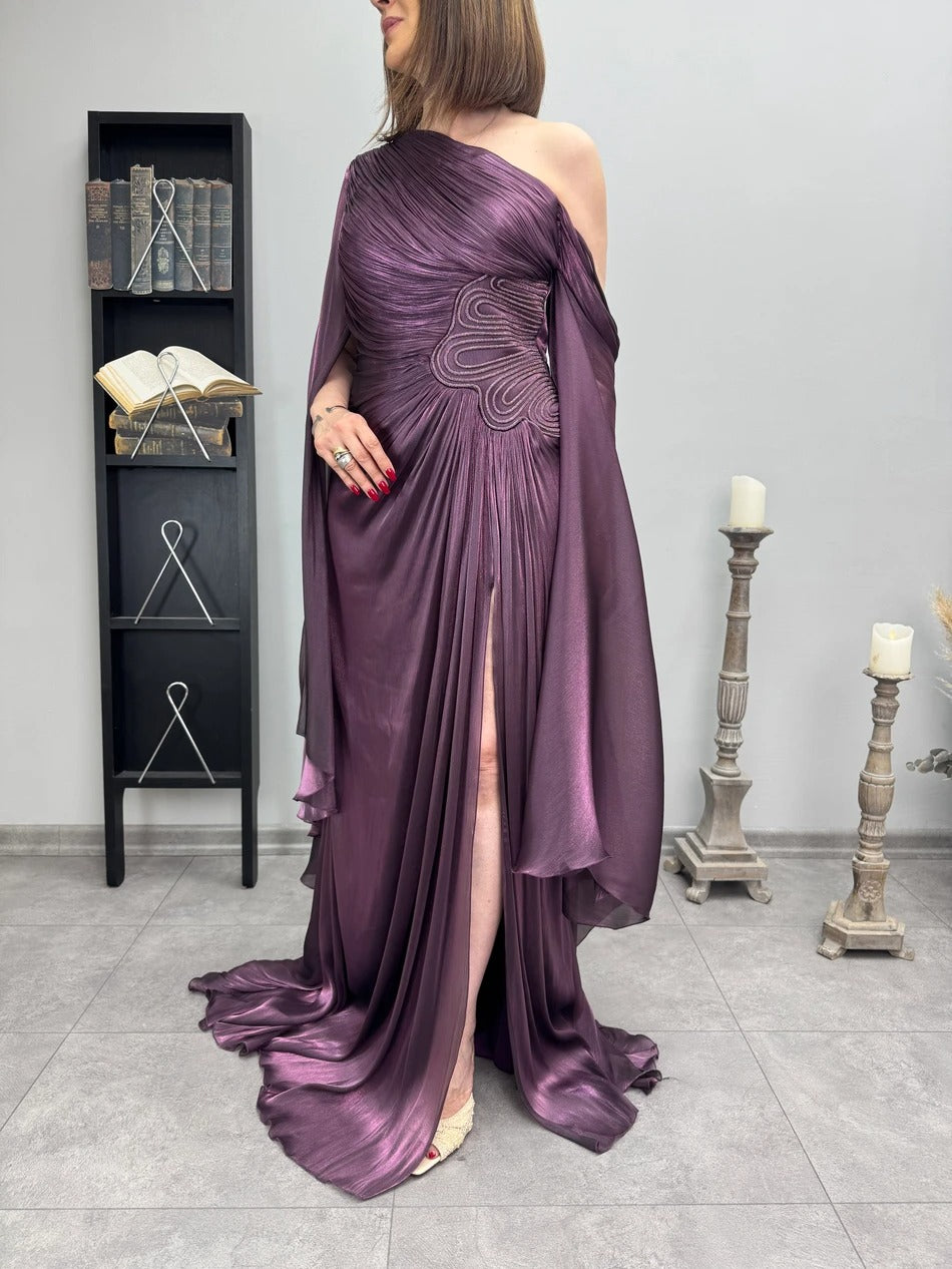 Metallic One-Shoulder Cape Maxi Dress