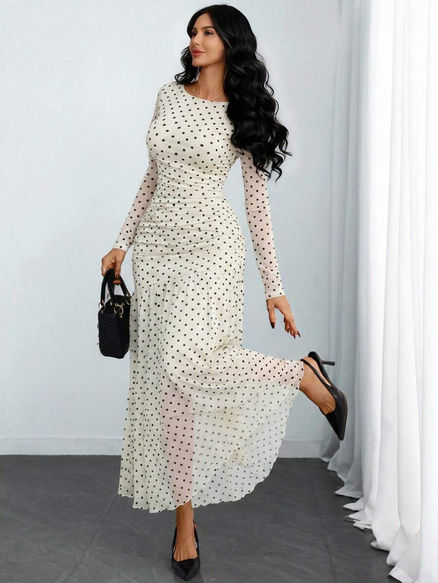 Women's Gothic Sexy Elegant Modern Contrast Stripe Asymmetrical Ruffle Waist Double-Layer Mesh Long Sleeve Dress, Suitable For Dates, Vacations And Daily Commute Spring