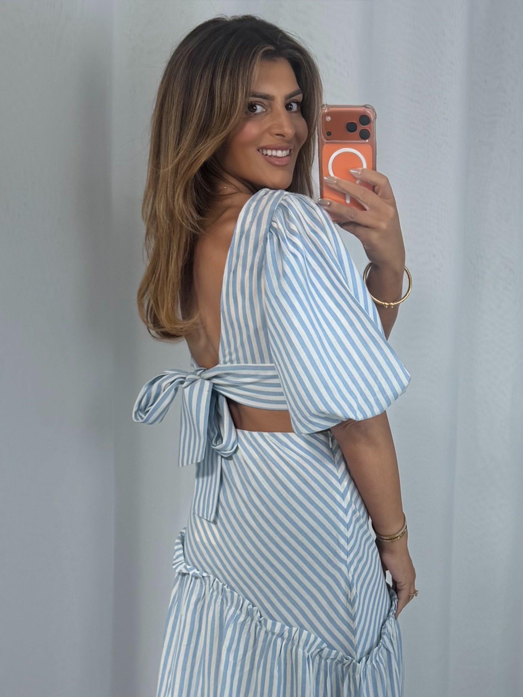 Striped Balloon Sleeve Tie Up Back And Frill Maxi Skirt Co-Ord (2 Colours)