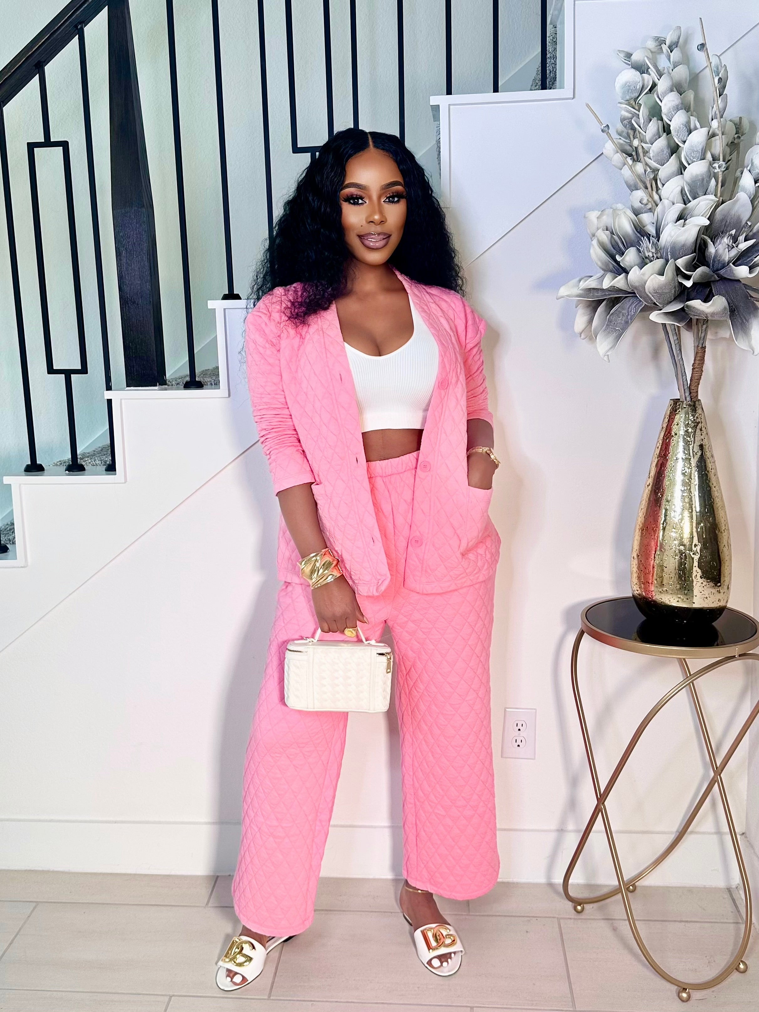 GLAM UP IN QUILT PANTS SET (PINK)