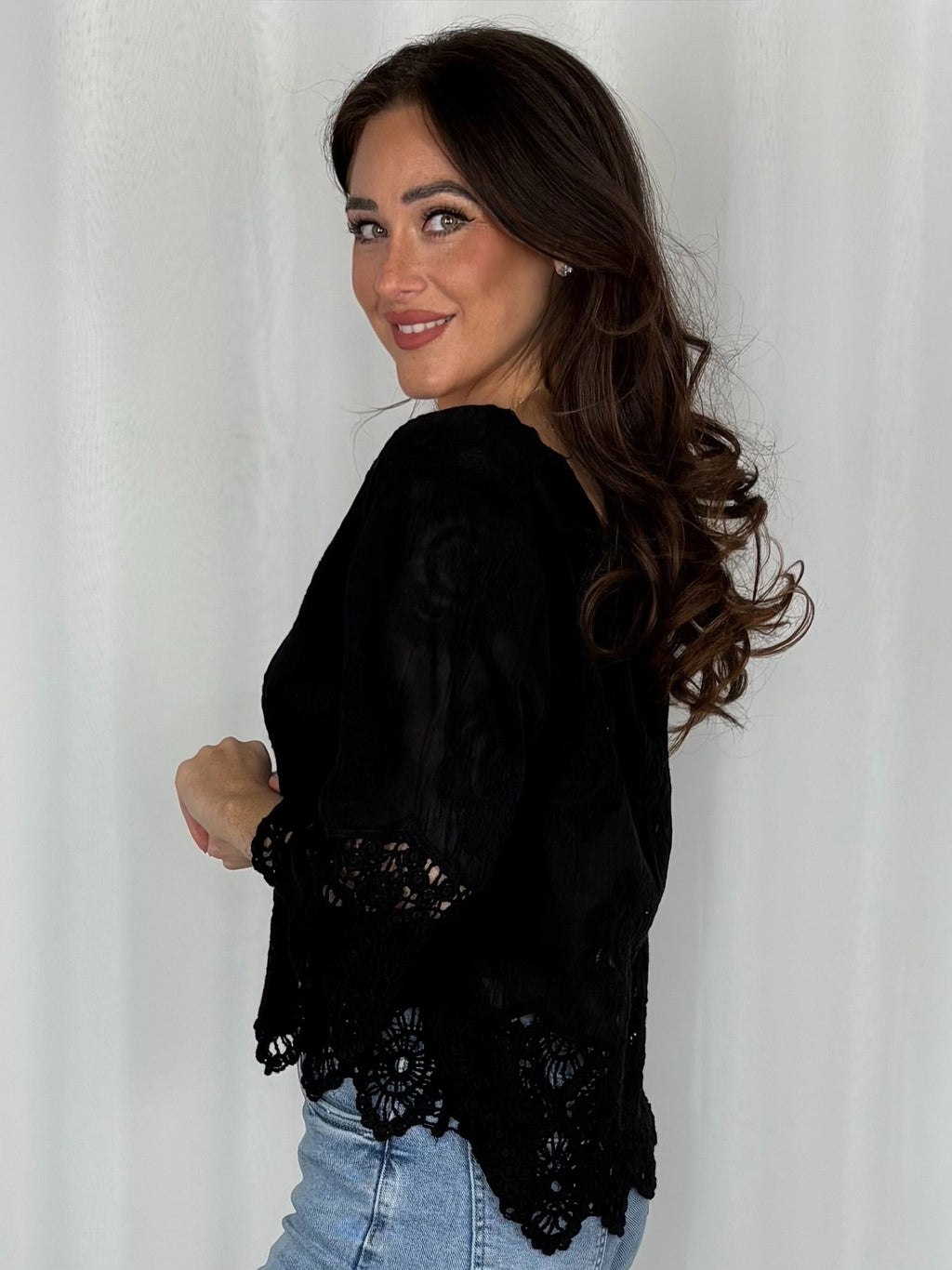 Button Up V-Neck Crochet Bell Sleeve & Crochet Top (2 Colours)