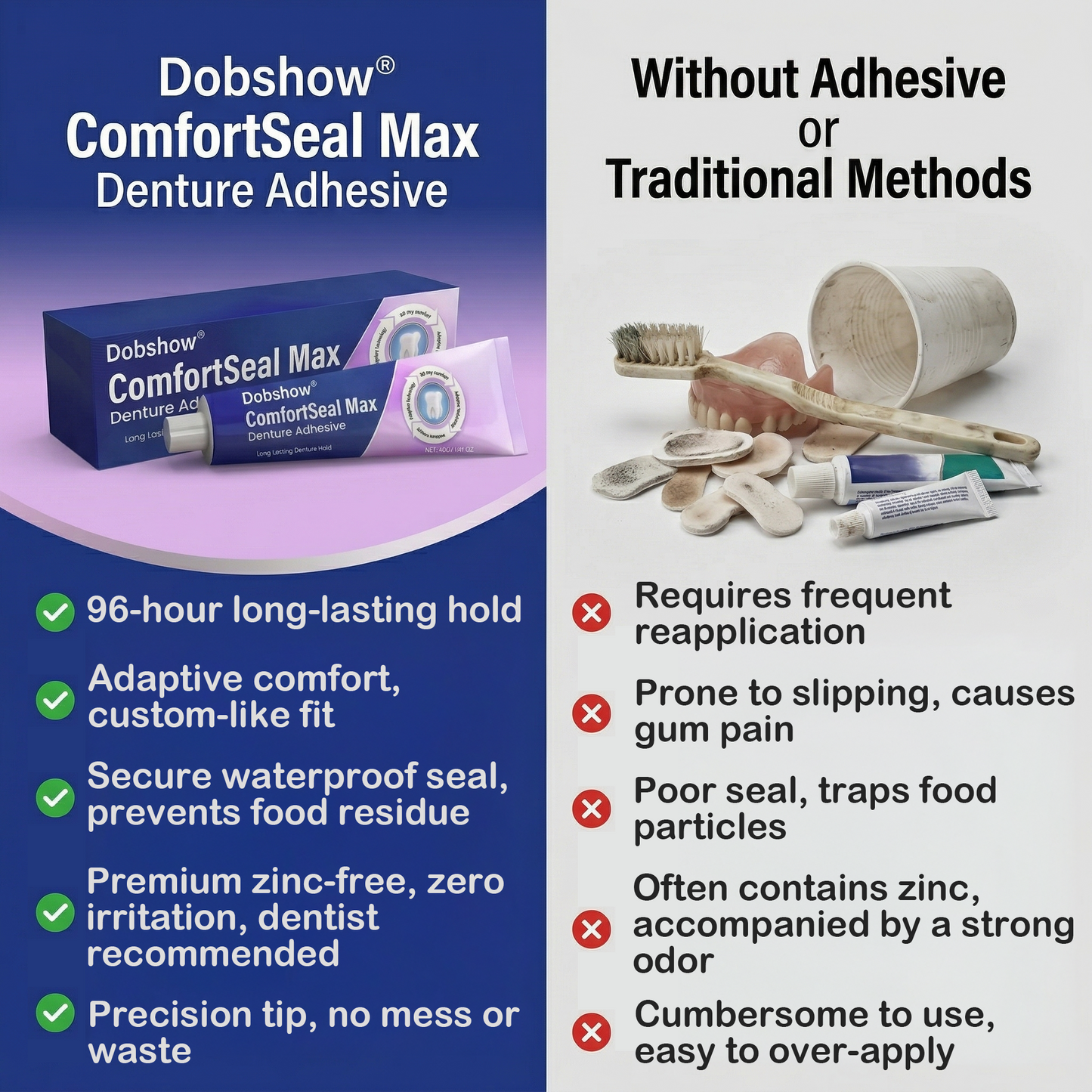 🦷🔥Dobshow® ComfortSeal Max Denture Adhesive—🧑‍⚕️✅96-hour long-lasting, heat adaptive technology