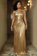 One Shoulder Cinch Waist Pleated Slim Fit Gowns Maxi Dresses-Gold