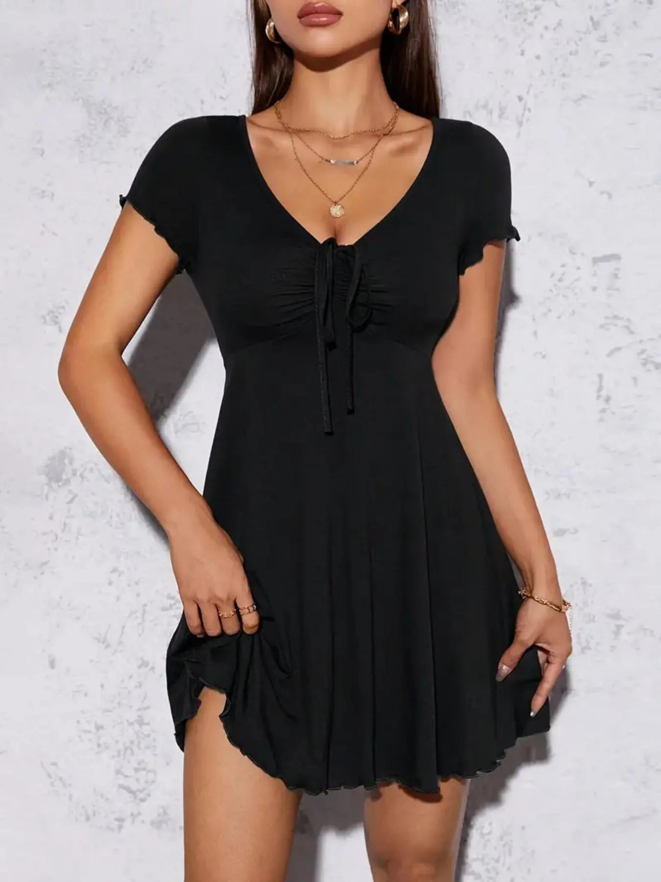 Women's Solid Color V Neck Dress, Casual Fashion Short Sleeve Dress for Summer, Women's Clothing for Daily Wear