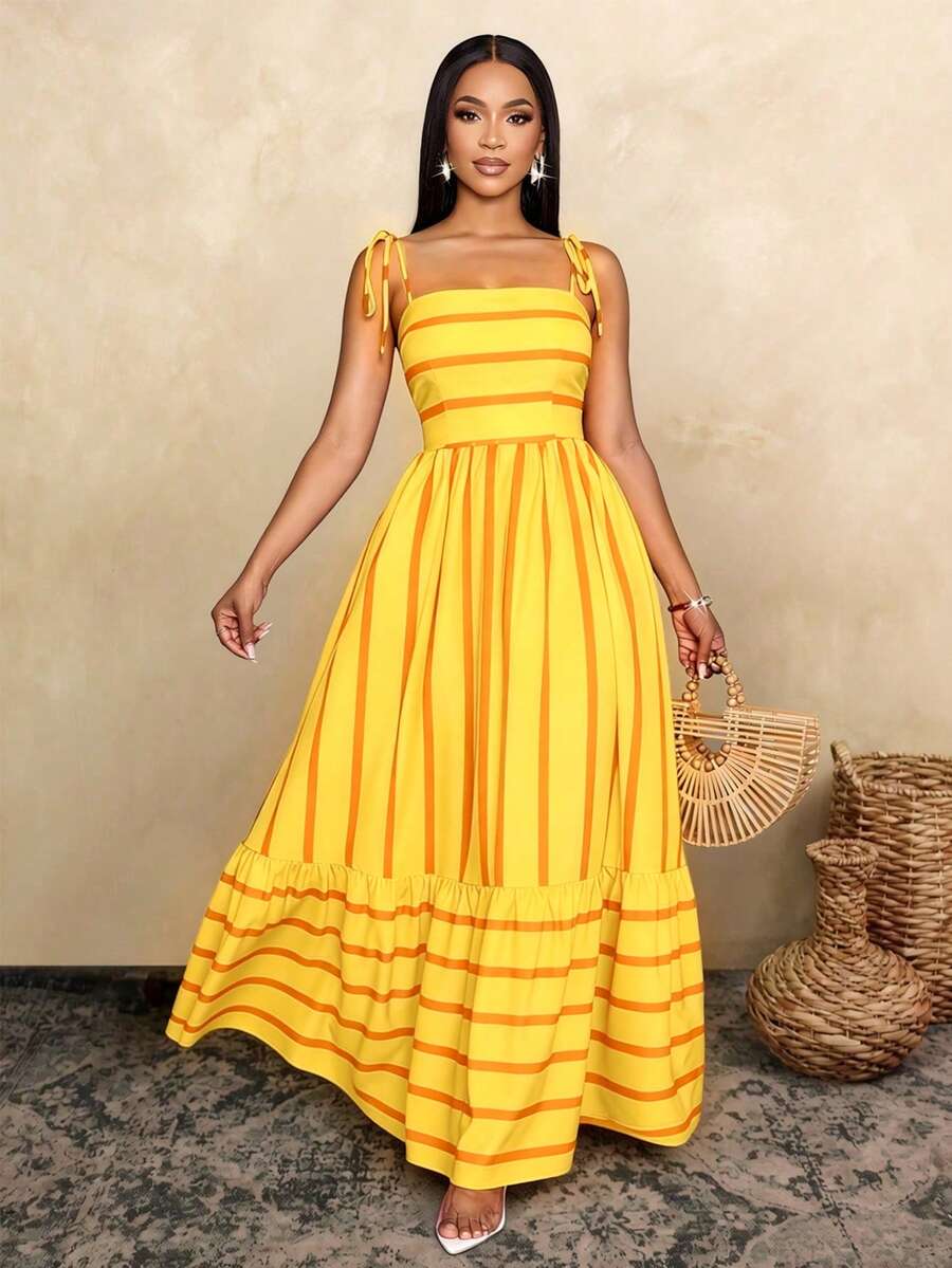 Women's Blue And White Stripe Flowing Maxi Dress,Summer Elegant Holiday Tea Party Holiday,Shoulder Straps Chest Gathering,Beach Casual Gown