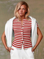 Women's Casual Red Single-Breasted Short Sleeve Fitted Top,Red Top,Christmas, Cute Vacation,Resort Wear,Summer Holiday,Spring,Spring Break,Beach