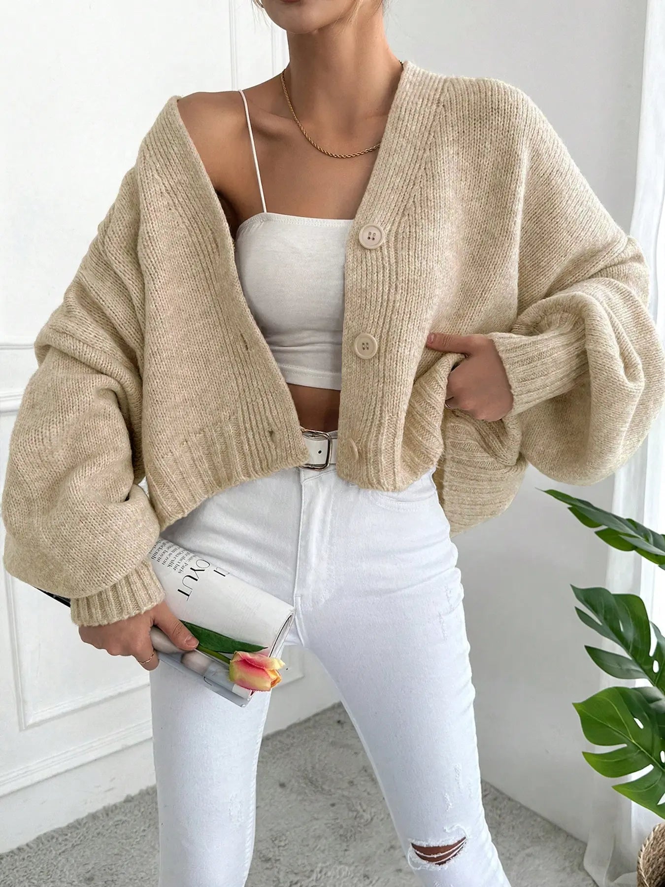 Women's V Neck Lantern Sleeve Sweater, Casual Baggy Loose-Fit Knitted Cardigan, Fall & Winter Fashion, Plain Color, One Button Design, Knitwear, Long Sleeve Tops