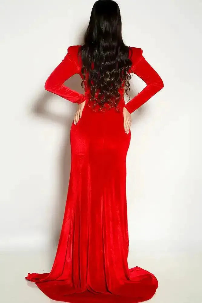 Red Long Sleeve Velvet Knotted High Slit Floor Length Gloves Maxi Cocktail Dress