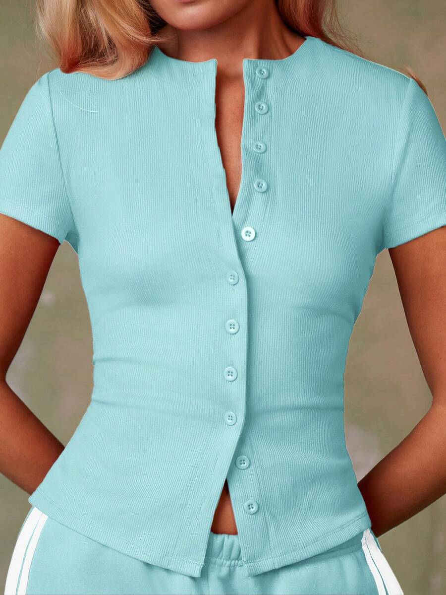 Women's Casual Red Single-Breasted Short Sleeve Fitted Top,Red Top,Christmas, Cute Vacation,Resort Wear,Summer Holiday,Spring,Spring Break,Beach