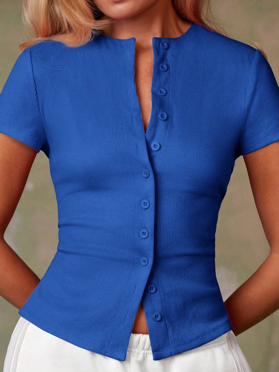 Women's Casual Red Single-Breasted Short Sleeve Fitted Top,Red Top,Christmas, Cute Vacation,Resort Wear,Summer Holiday,Spring,Spring Break,Beach
