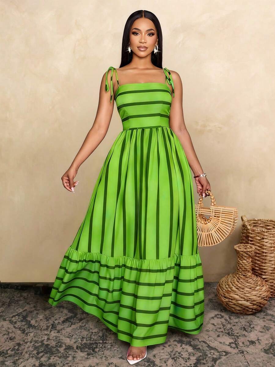Women's Blue And White Stripe Flowing Maxi Dress,Summer Elegant Holiday Tea Party Holiday,Shoulder Straps Chest Gathering,Beach Casual Gown
