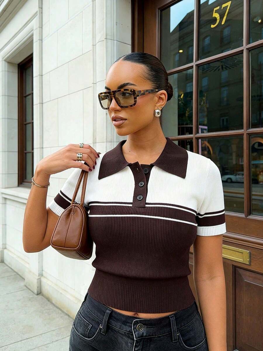 Spring/Summer Y2K Coffee & White Colorblock Polo Collar Short Sleeve Knit Top, Ribbed Vintage Soft Casual, Suitable For Daily And Party Wear