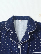 2pcs/Set Women's Mini Polka Dot Printed Pajama Set With Contrast Trim Button-Down Shirt And Bowknot Shorts, Perfect For Home Wear In Summer White Set,Two Pieces Set
