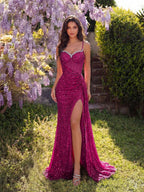 Elegant Sequin Spaghetti Strap Rhinestone Patchwork Fishbone High Waist High Slit Tie Back Open Back Evening Dress Fall