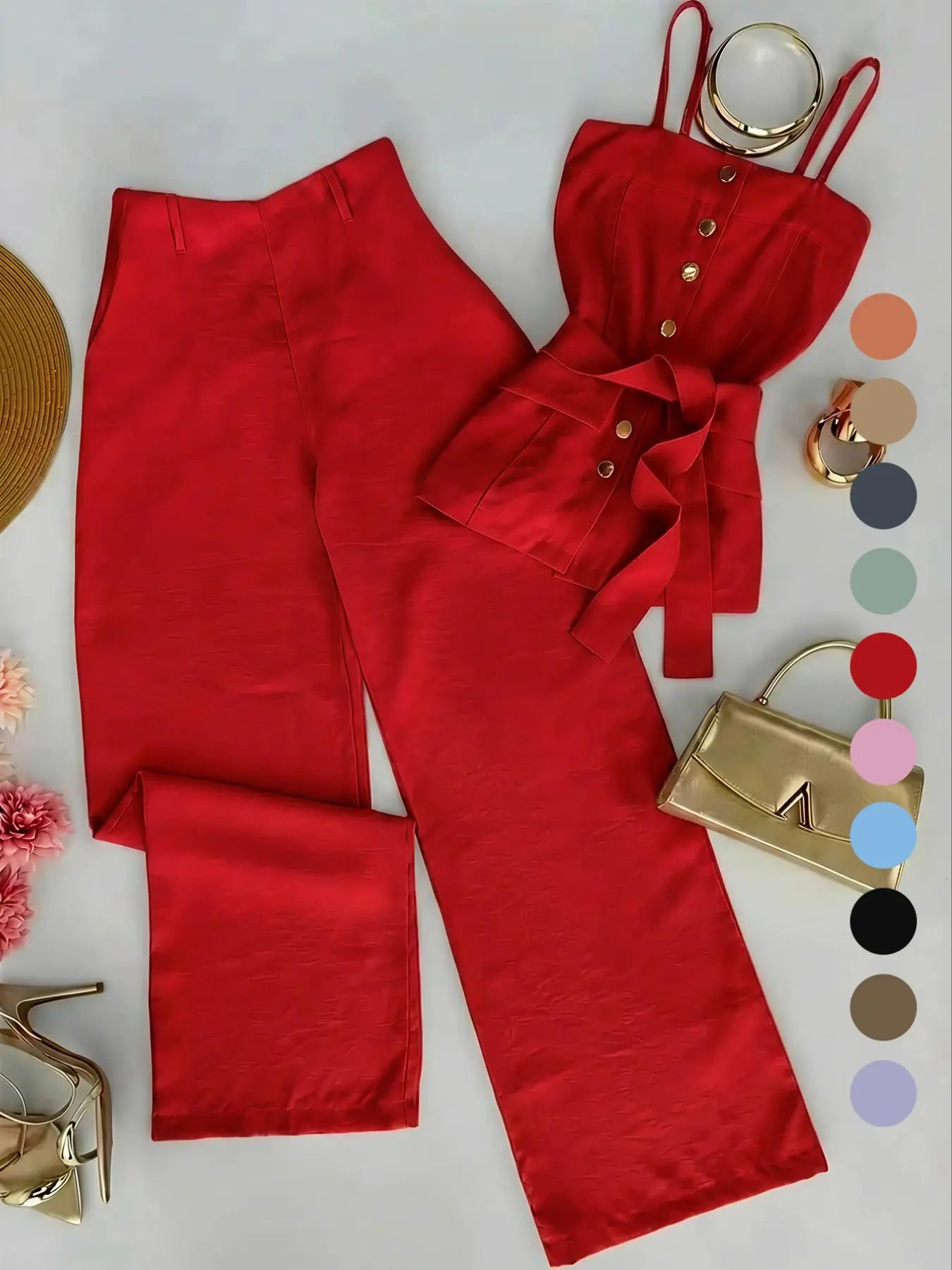 New Women's Solid Color Strappy Top & Long Pants Two-Piece Set, Outfit, Minimalist Basic Versatile Casual Wear, Comfortable and Stylish, Perfect for Daily Use