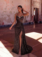 Elegant Sequin Spaghetti Strap Rhinestone Patchwork Fishbone High Waist High Slit Tie Back Open Back Evening Dress Fall