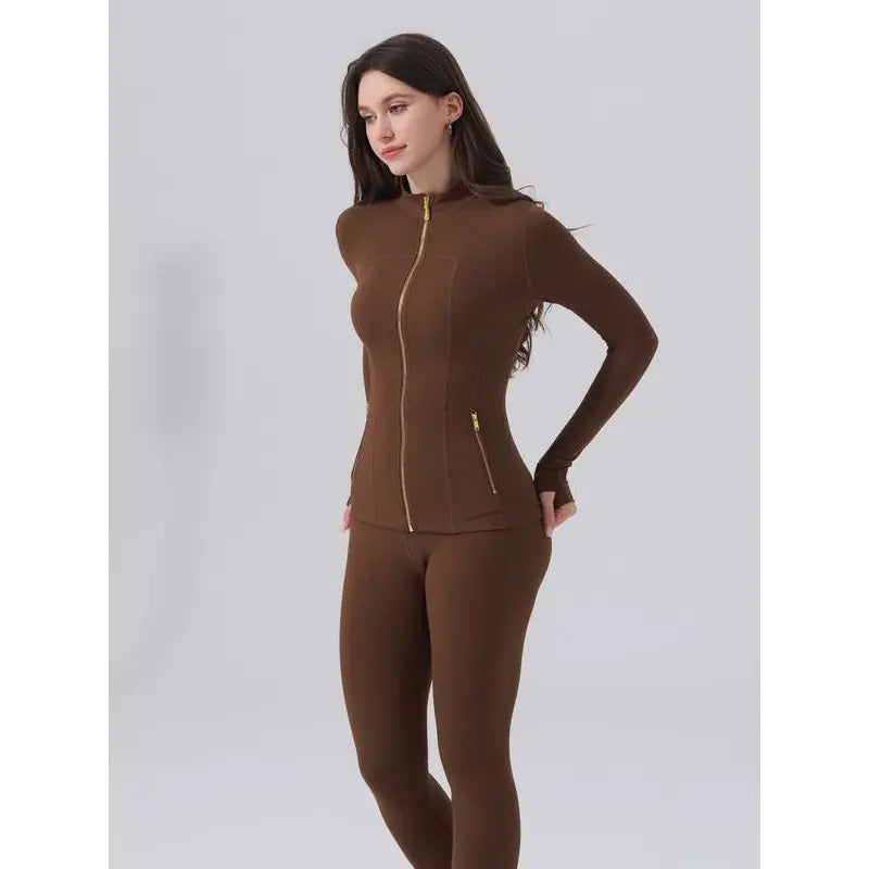 【Golden Zipper】Soft Brushed Women's Sport | Yoga | Quick-dry | Workout Jacket & High Waisted Cropped Leggings. Golden Zipper Jacket with Pockets, Yoga Pants, Thumbholes Design, Casual Slim fit Wear for Women