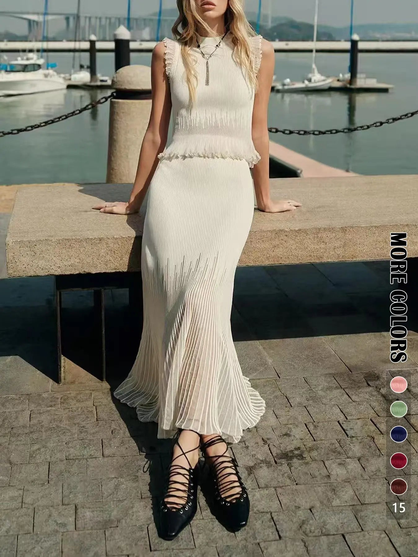 Elegant Minimalist Two-Piece Set, Sleeveless Knitted Fitted Tank Vest & Long Pleated Skirt, Fashionable Chic Slim Fit Design, Womenswear, Clothes, Elegance