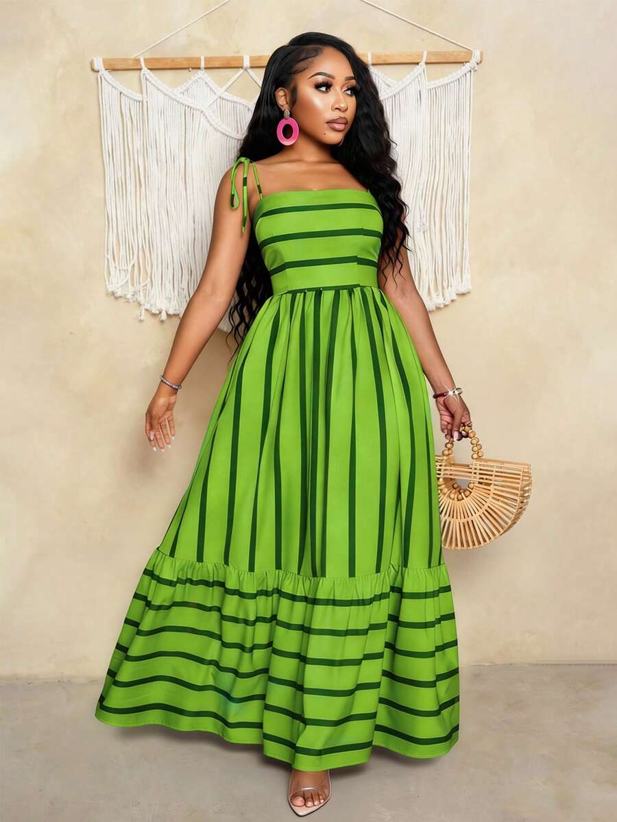 Women's Blue And White Stripe Flowing Maxi Dress,Summer Elegant Holiday Tea Party Holiday,Shoulder Straps Chest Gathering,Beach Casual Gown