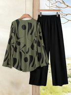 2pcs Women Contrast Color Print Shirt And Pants Set Old Money Style Business Casual Woman Blouse Sets For Ladies Two Piece
